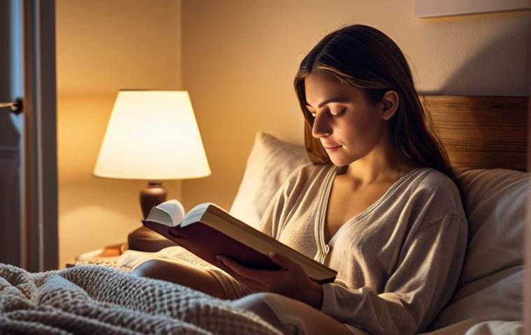 **
Prompt: Woman peacefully reading a book in a cozy bedroom, soft lighting, smartphone placed on the nightstand, emphasizing a "digital-free zone" before sleep. Calming colors and a serene atmosphere.
**
