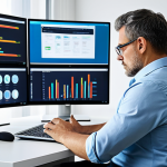 A professional individual, adult, seated at a desk in a modern, well-lit office, with multiple digital screens (laptop, tablet, smartphone) displaying numerous notifications. The subject is looking contemplatively at a screen, subtly conveying digital fatigue and information overload. They are fully clothed in modest business professional dress, appropriate attire, captured in a natural pose, with perfect anatomy, correct proportions, well-formed hands, and natural body proportions. High-quality professional photography, detailed, realistic, safe for work, appropriate content, family-friendly.