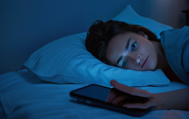 디지털 기기 사용과 스트레스 간의 상관관계 - A person lying in bed in a dimly lit room, illuminated by the blue light of a smartphone held close ...