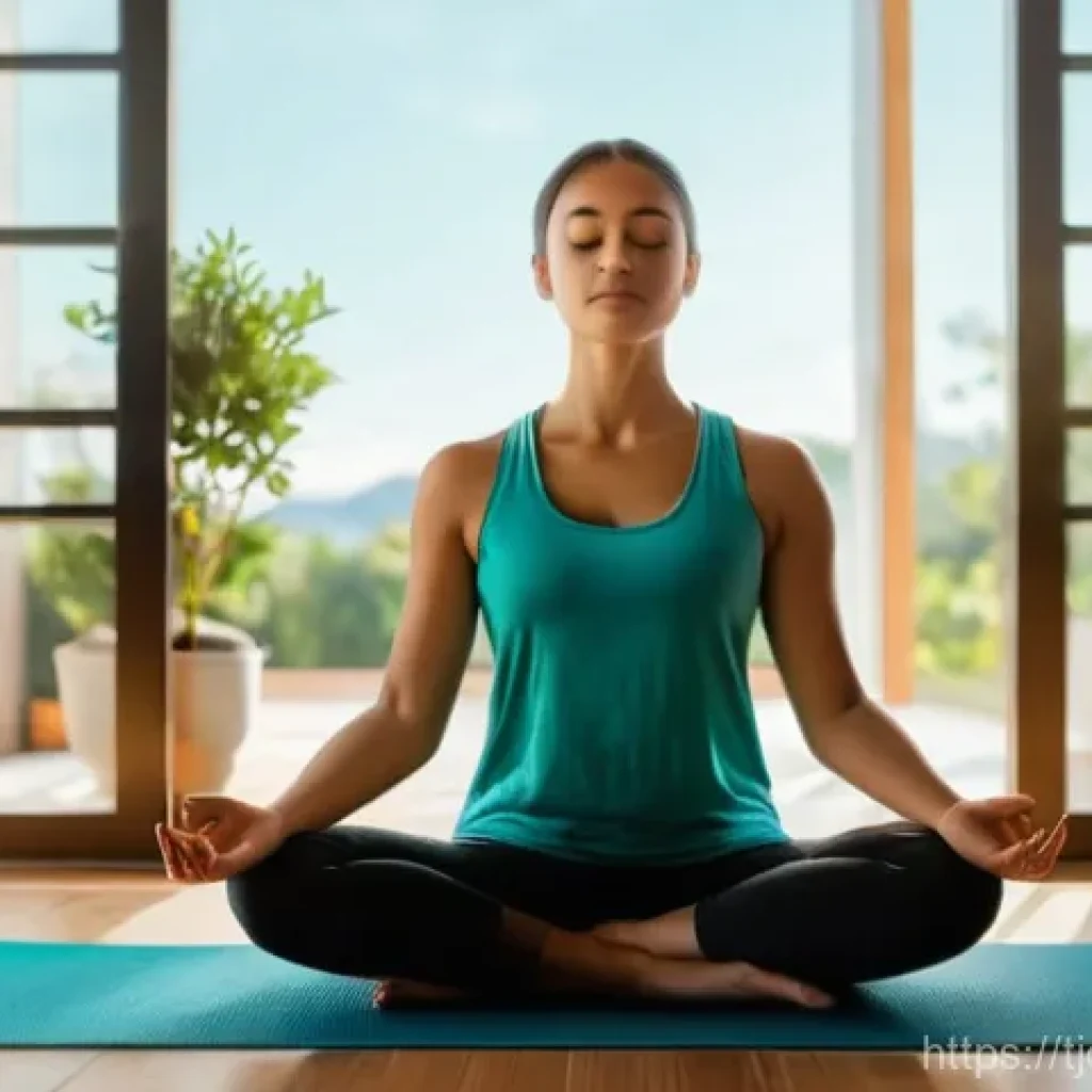 테크노스트레스 관리의 효과적인 방법 - A serene atmosphere with a young adult, approximately 25-30 years old, sitting cross-legged on a yog...