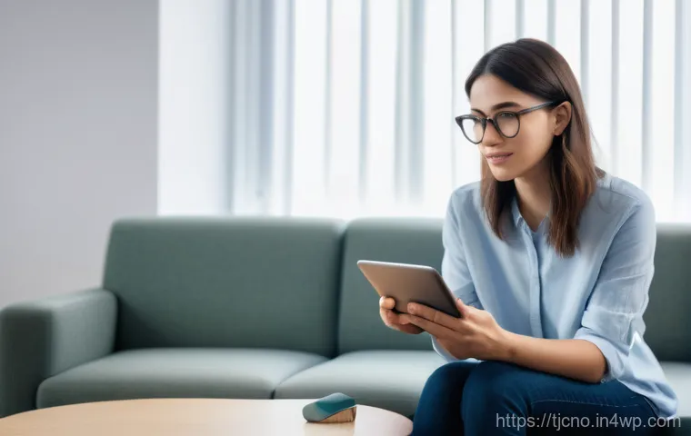 테크노스트레스 예방을 위한 법적 조치 - **Prompt:** A person, appearing initially distressed but now showing a glimmer of hope, sits across ...