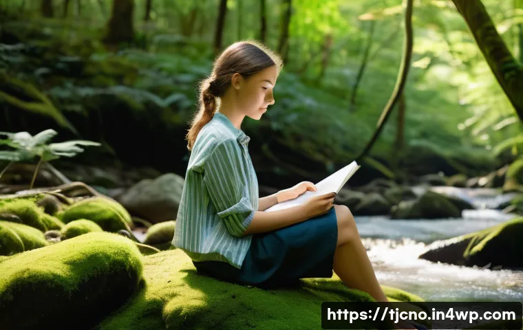테크노스트레스 예방을 위한 정보 공유 - **A serene digital detox in nature:** A young adult (20s-30s, gender-neutral) is sitting peacefully ...