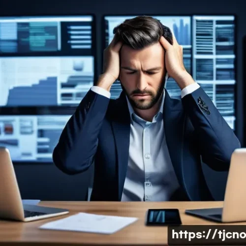 테크노스트레스 관리의 필수 도구 - **Techno-Stress Overload in a Modern Office:** A person in their late 20s to early 40s, dressed in s...