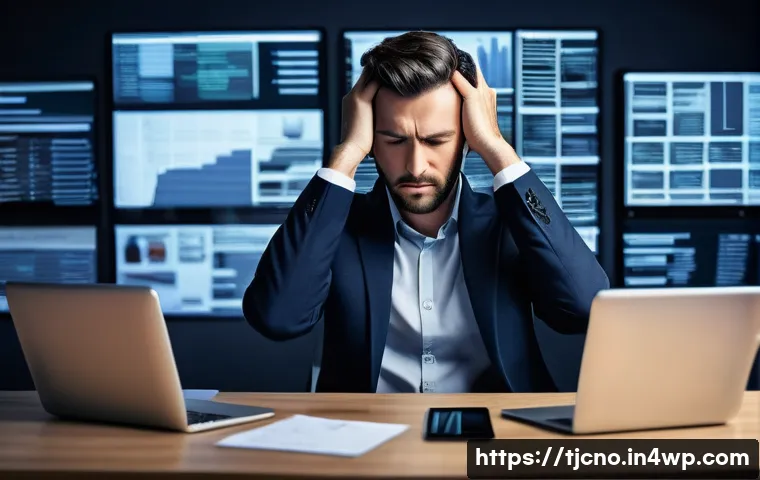 테크노스트레스 관리의 필수 도구 - **Techno-Stress Overload in a Modern Office:** A person in their late 20s to early 40s, dressed in s...