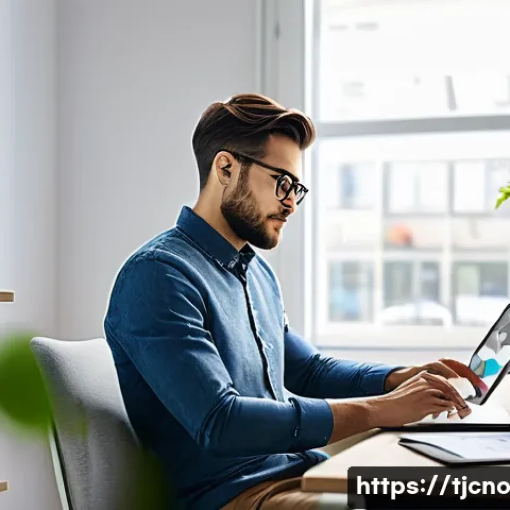 테크노스트레스 관리 체크리스트 - A modern workspace scene showing a young professional sitting at a desk with multiple digital device...