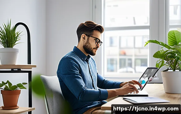 테크노스트레스 관리 체크리스트 - A modern workspace scene showing a young professional sitting at a desk with multiple digital device...