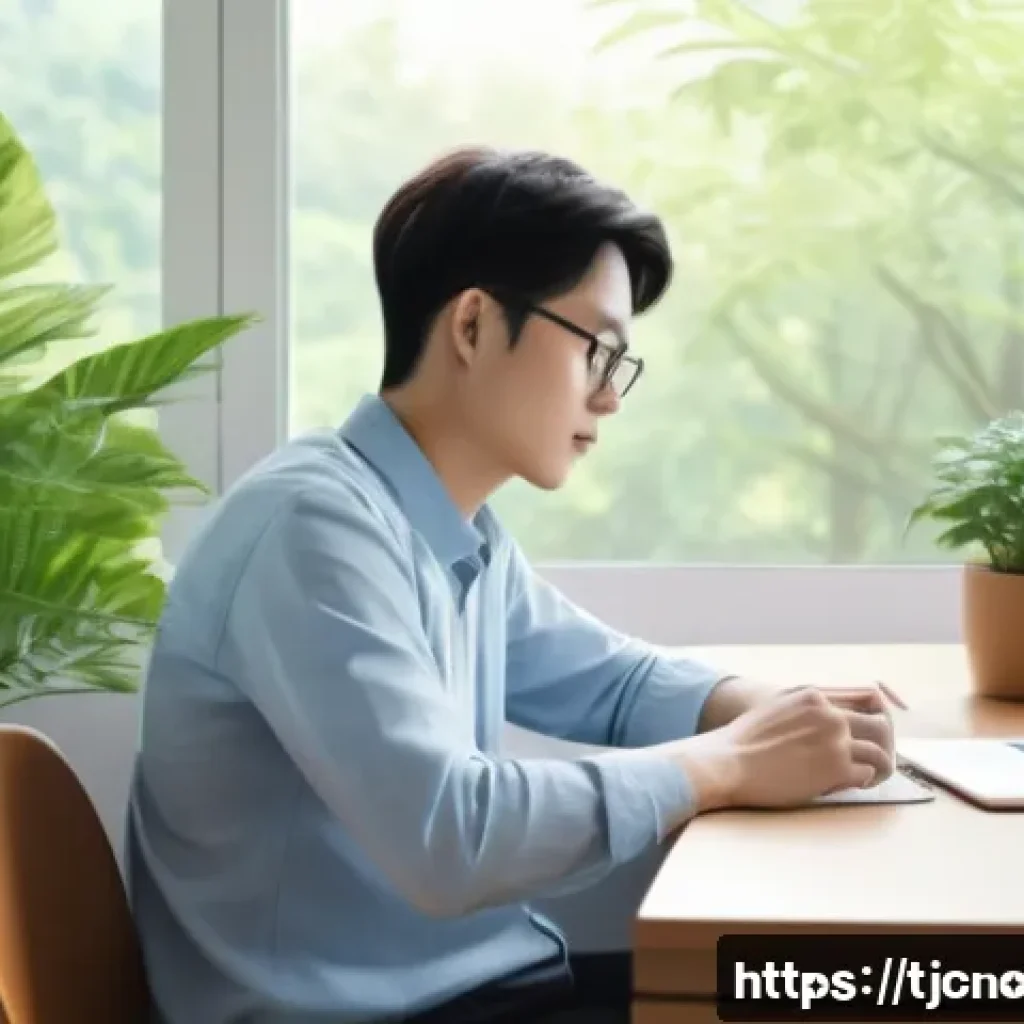 테크노스트레스 예방을 위한 팁 - A serene indoor workspace scene featuring a person taking a deliberate break from digital screens: t...