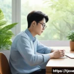 테크노스트레스 예방을 위한 팁 - A serene indoor workspace scene featuring a person taking a deliberate break from digital screens: t...