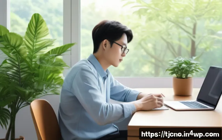 테크노스트레스 예방을 위한 팁 - A serene indoor workspace scene featuring a person taking a deliberate break from digital screens: t...