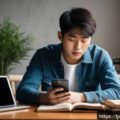 디지털 기기 사용으로 인한 개인적 변화 - A young adult sitting at a desk cluttered with digital devices including a smartphone, tablet, and l...