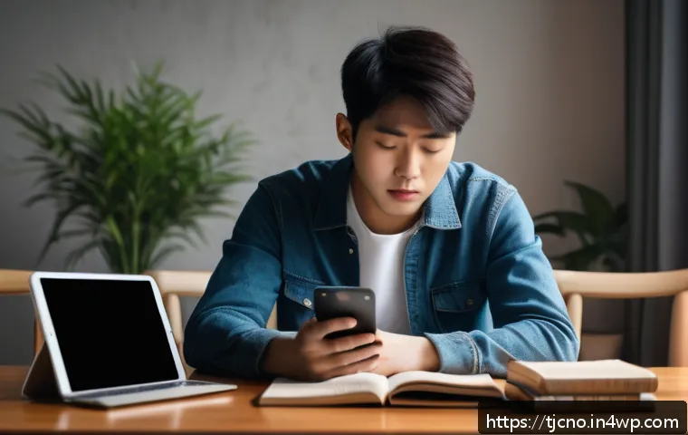 디지털 기기 사용으로 인한 개인적 변화 - A young adult sitting at a desk cluttered with digital devices including a smartphone, tablet, and l...