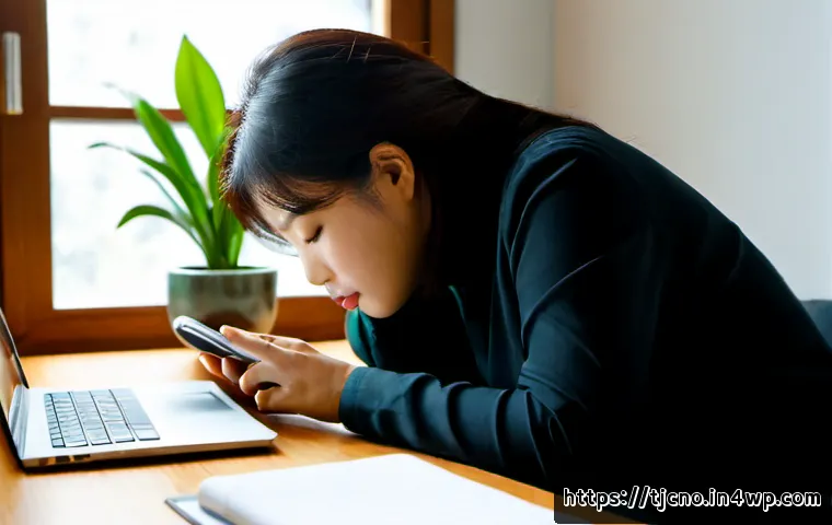 디지털 기기 사용으로 인한 스트레스 해소법 - Photorealistic calm home workspace, middle-aged woman placing a smartphone face-down beside a closed...